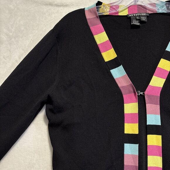 Attitude Knit Single Hook Closure Cardigan Large Black Color block Trim Stretch - Picture 2 of 14